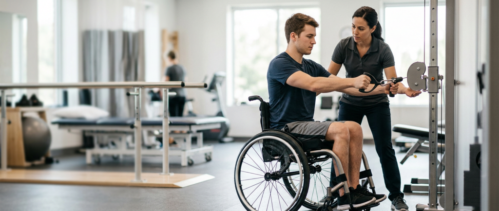 Young adult in a wheelchair working with a physical therapist in a spinal-cord-injury rehabilitation gym.