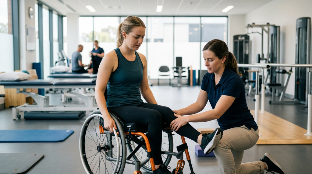 Young adult in a wheelchair working with a physical therapist in a spinal cord injury rehabilitation gym.