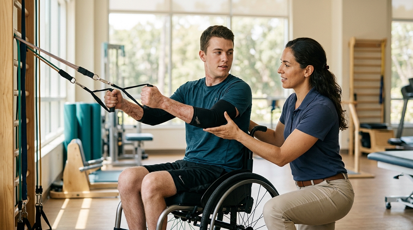 Young adult in a wheelchair working with a physical therapist in a spinal-cord-injury rehabilitation gym.