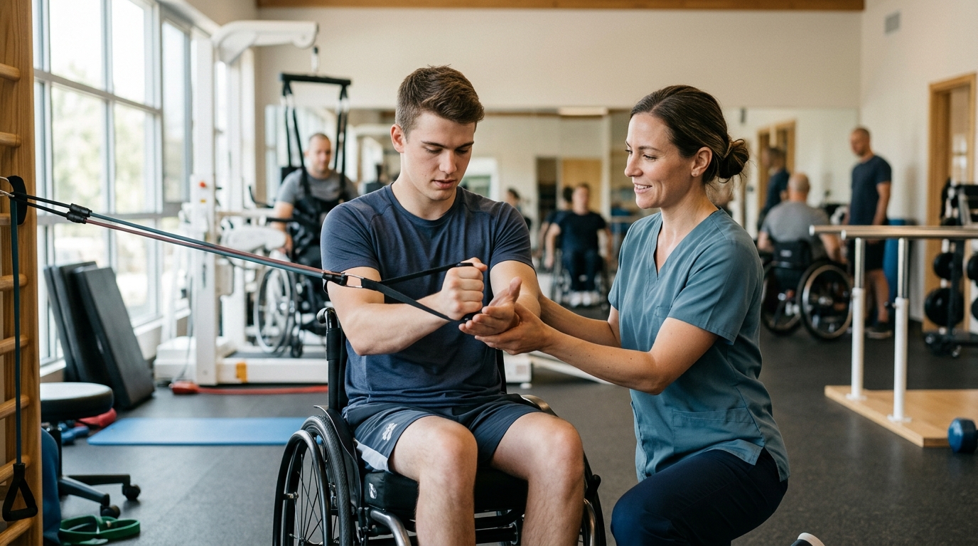 Young adult in a wheelchair working with a physical therapist in a spinal-cord-injury rehabilitation gym.