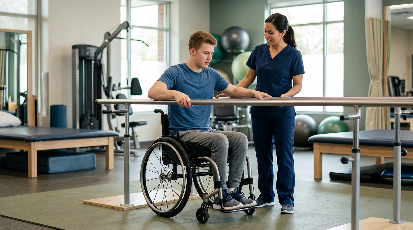 Young adult in a wheelchair working with a physical therapist in a spinal injury rehabilitation gym.