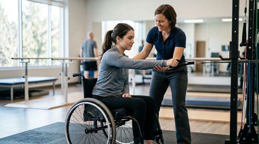 Young adult in a wheelchair working with a physical therapist in a spinal injury rehabilitation gym.