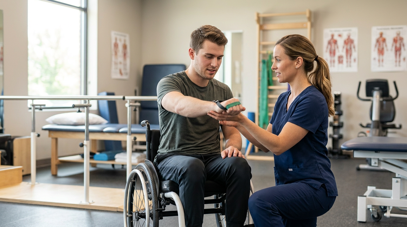Young adult in a wheelchair working with a physical therapist in a spinal cord injury rehabilitation gym.