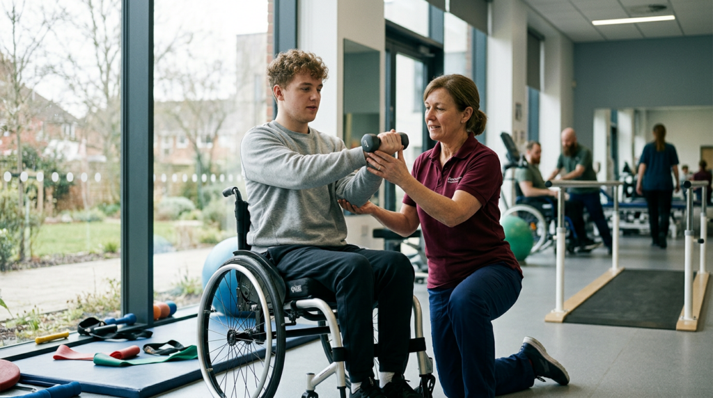 Young adult in a wheelchair working with a physical therapist in a spinal-cord-injury rehabilitation gym.