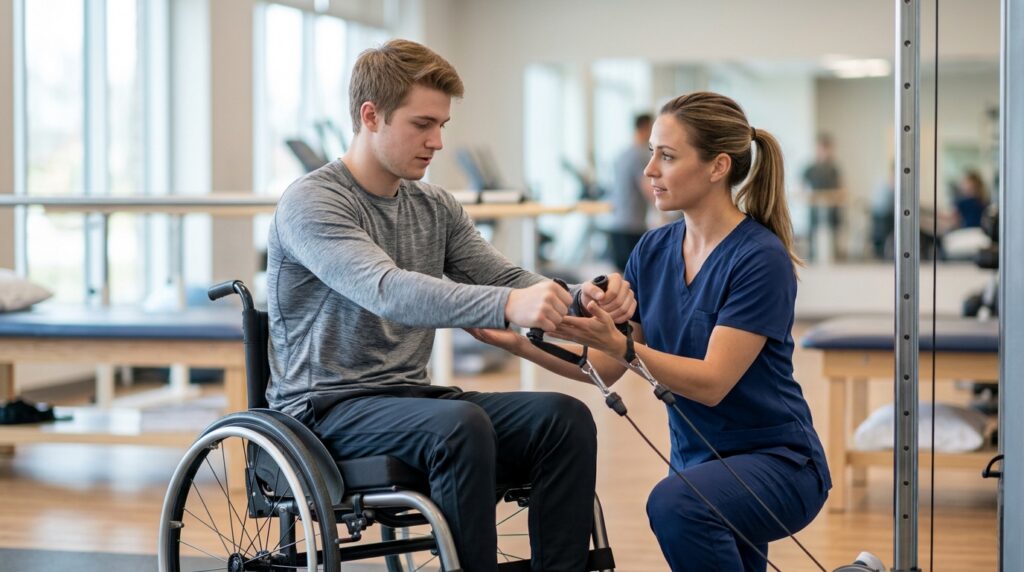Young adult in a wheelchair working with a physical therapist in a spinal-cord-injury rehab gym.
