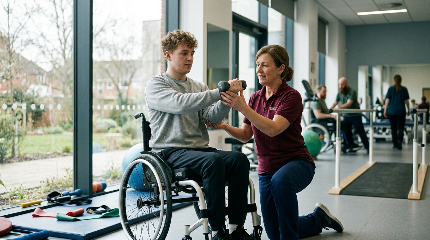 Young adult in a wheelchair working with a physical therapist in a spinal-cord-injury rehabilitation gym.