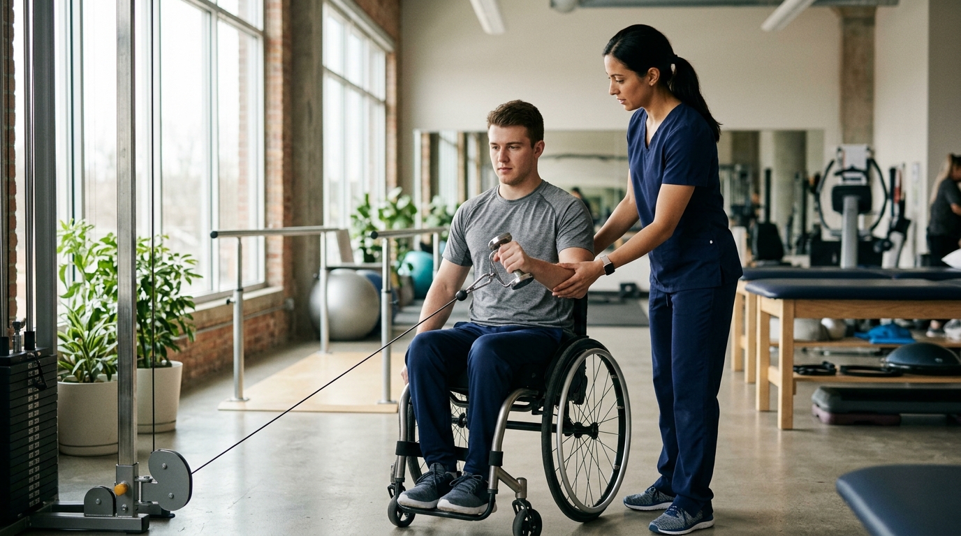 Young adult in a wheelchair working with a physical therapist in a spinal-cord-injury rehabilitation gym.