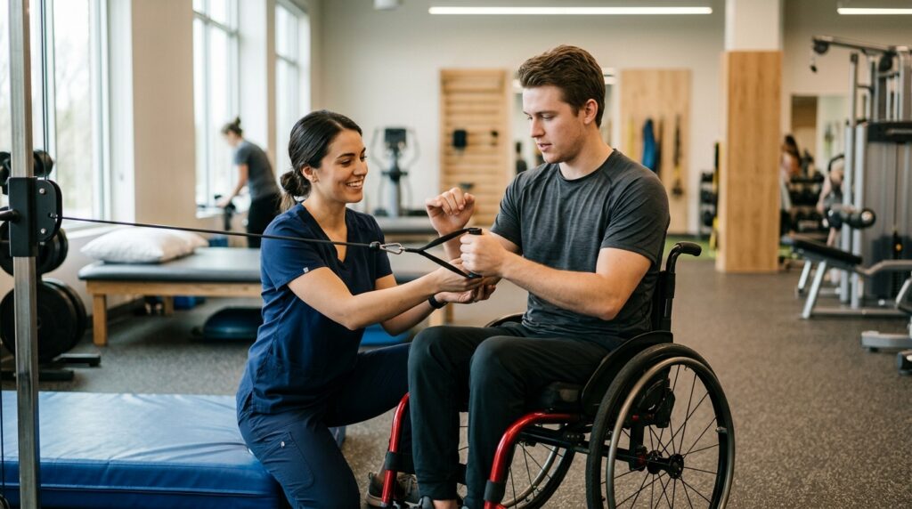 Young adult in a wheelchair working with a physical therapist in a spinal-cord-injury rehabilitation gym.