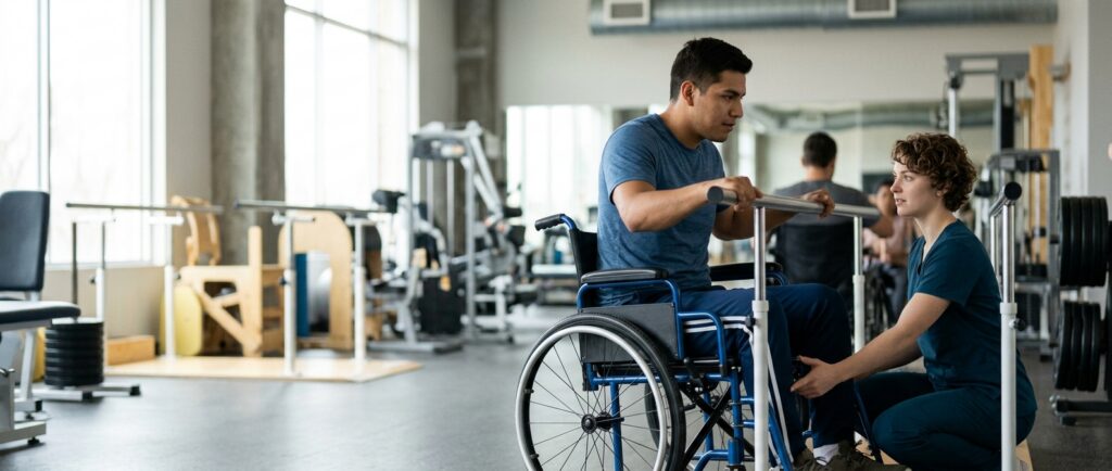 Adulto joven en silla de ruedas en un gimnasio de rehabilitación de lesión medular con un fisioterapeuta.