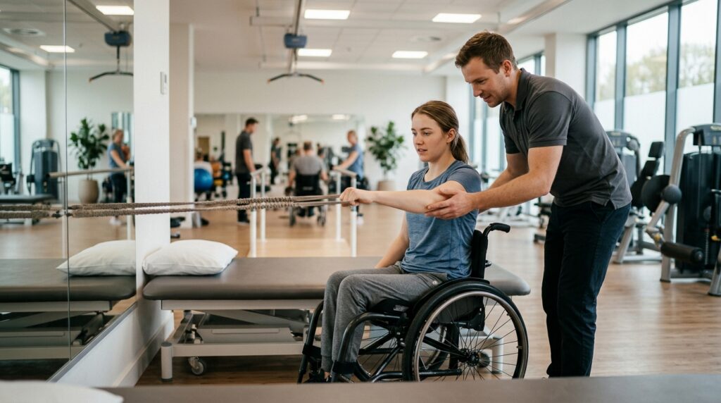 Young adult in a wheelchair working with a physical therapist in a spinal-cord-injury rehabilitation gym.