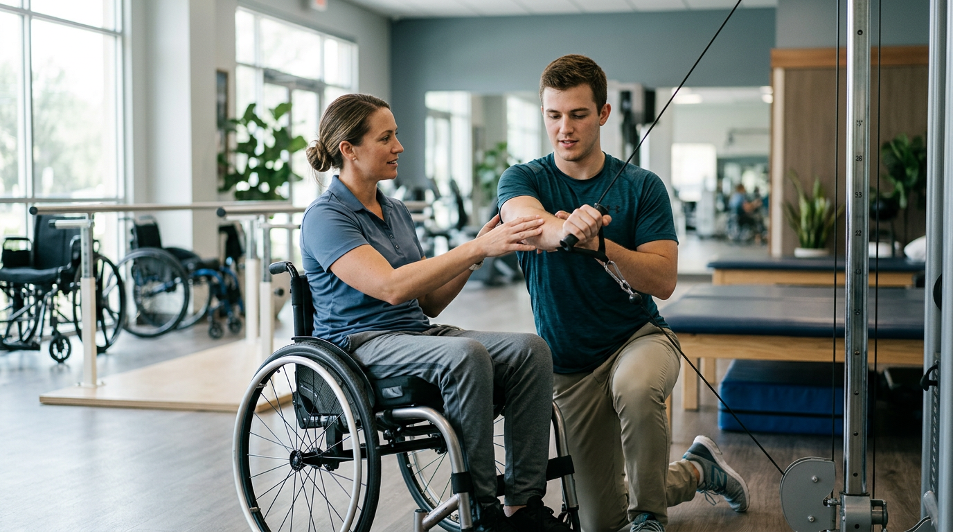 Young adult in a wheelchair working with a physical therapist in a spinal-cord-injury rehabilitation gym.