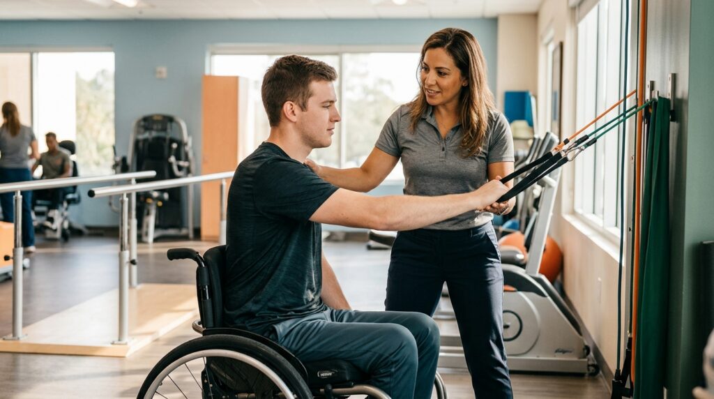 Young adult in a wheelchair working with a physical therapist in a spinal-cord-injury rehabilitation gym.