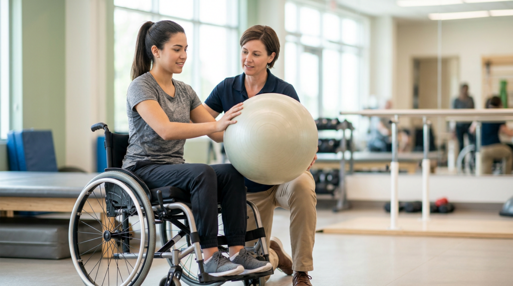 Young adult in a wheelchair working with a physical therapist in a spinal-cord-injury rehabilitation gym.
