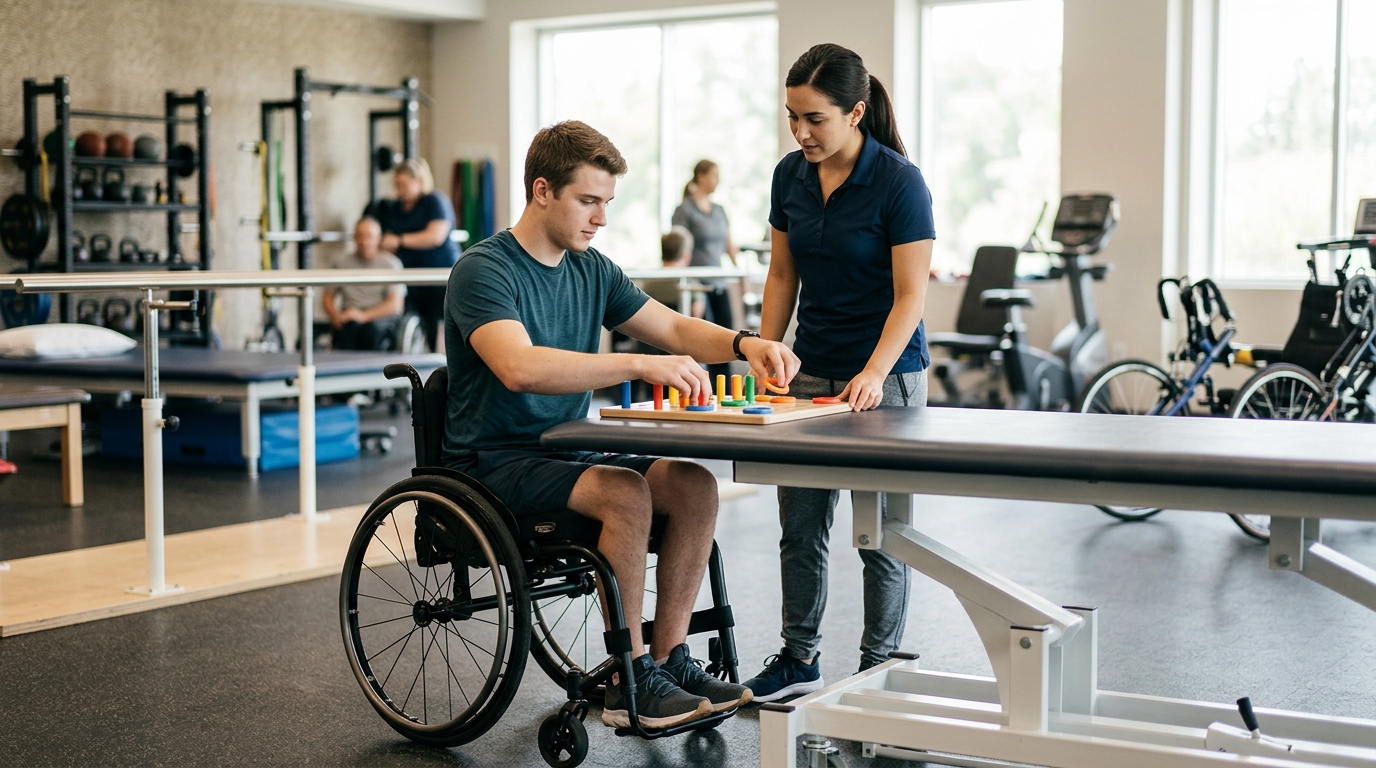 Young adult in a wheelchair working with a physical therapist in a spinal-cord-injury rehabilitation gym.