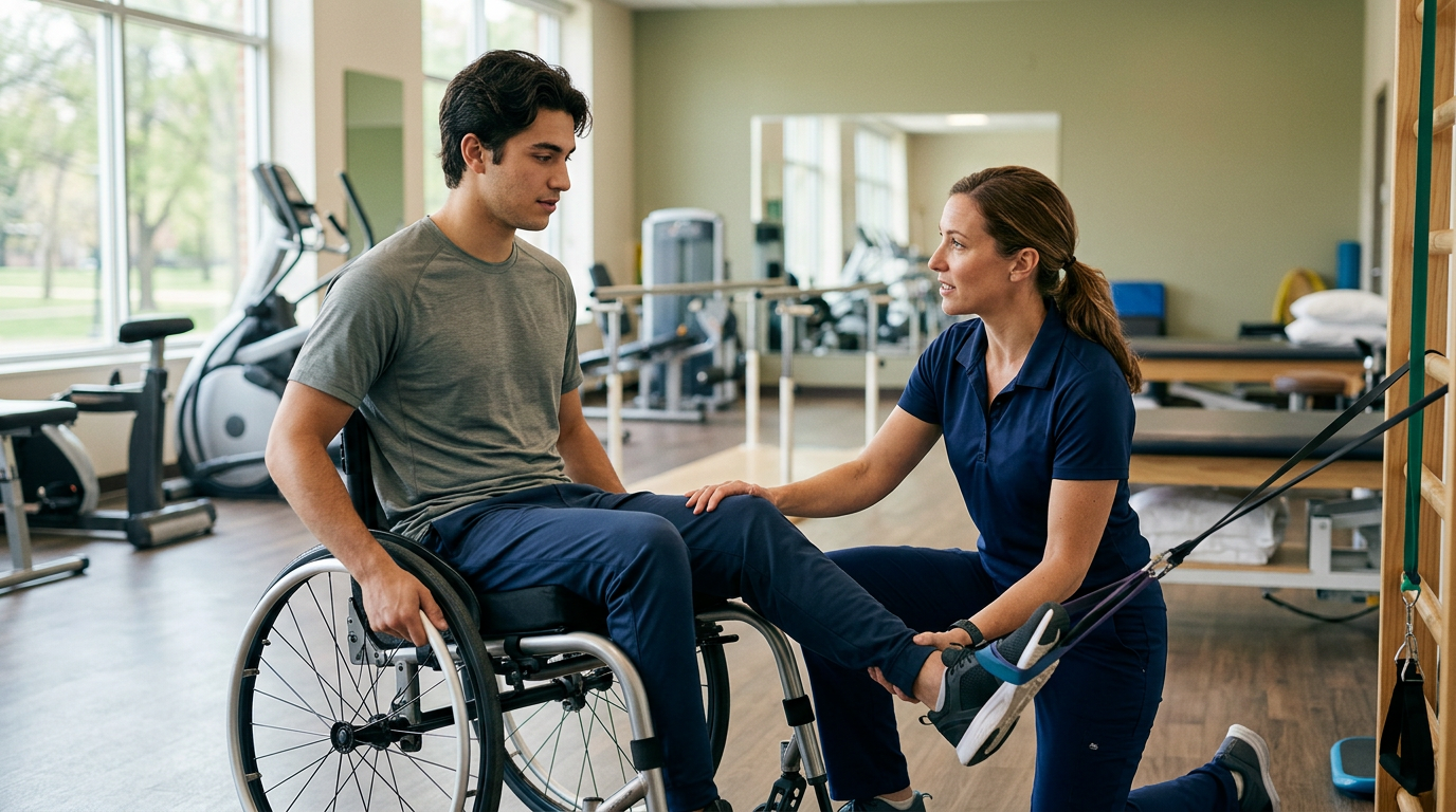 Young adult in a wheelchair working with a physical therapist in a spinal injury rehabilitation gym.