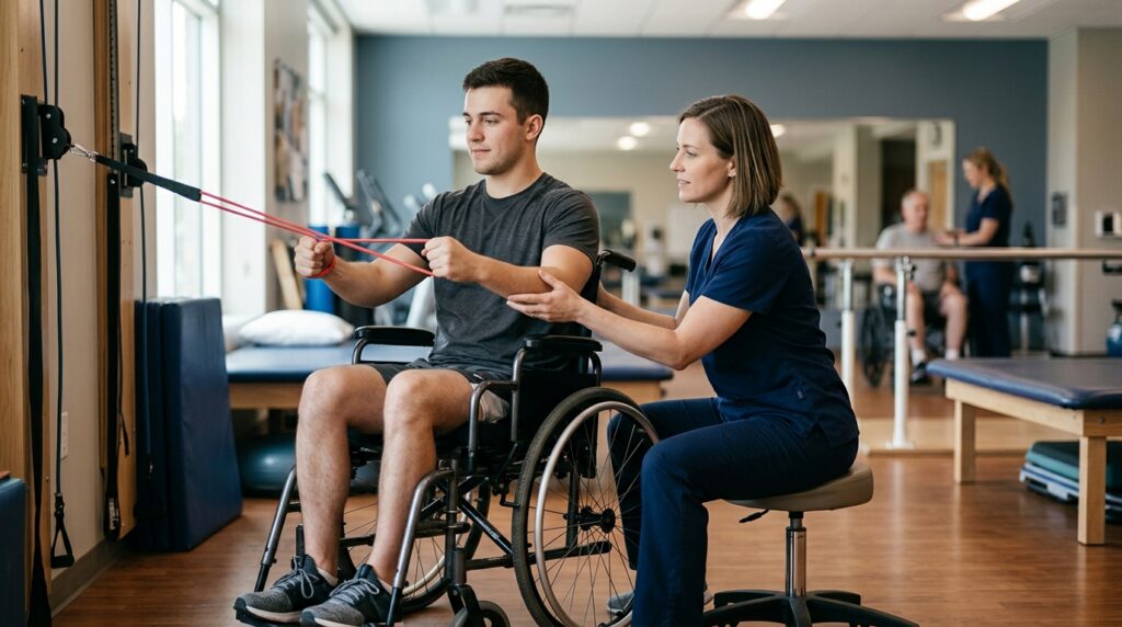 Young adult in a wheelchair working with a physical therapist in a spinal-cord-injury rehabilitation gym.