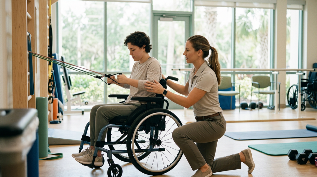 a young adult in a wheelchair in a spinal-cord-injury rehabilitation gym with a physical therapist