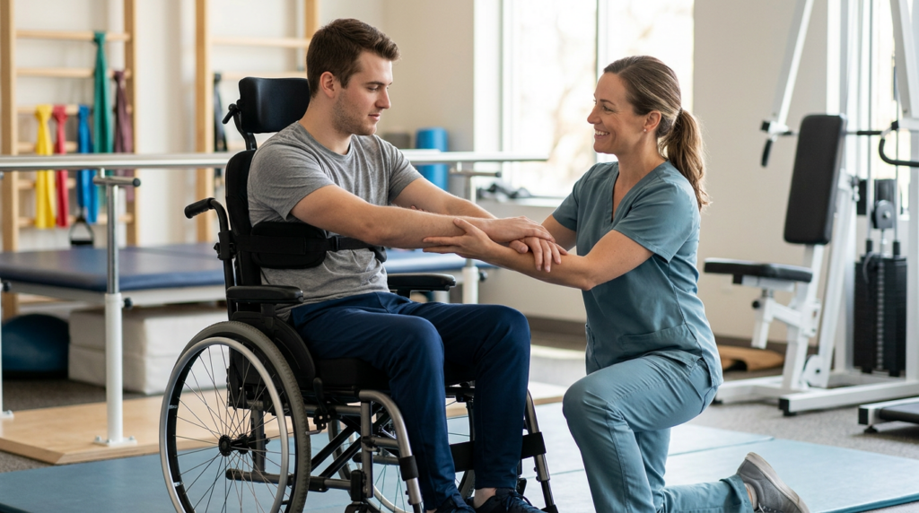Young adult in a wheelchair working with a physical therapist in a spinal-cord-injury rehabilitation gym.