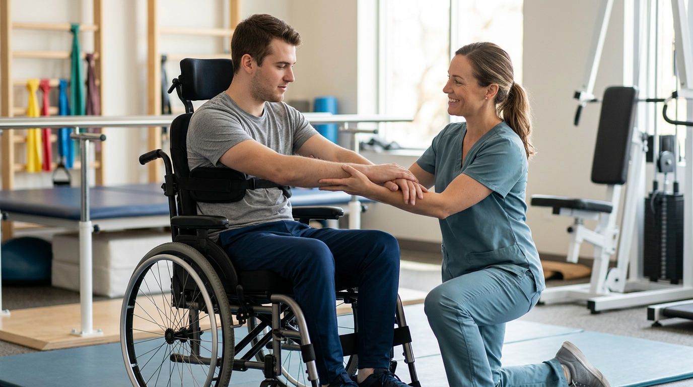 Young adult in a wheelchair working with a physical therapist in a spinal-cord-injury rehabilitation gym.