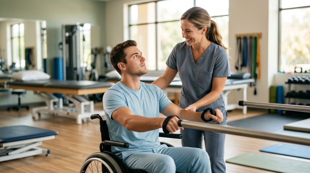 Un adulto joven en silla de ruedas en un gimnasio de rehabilitación de lesión medular con un fisioterapeuta