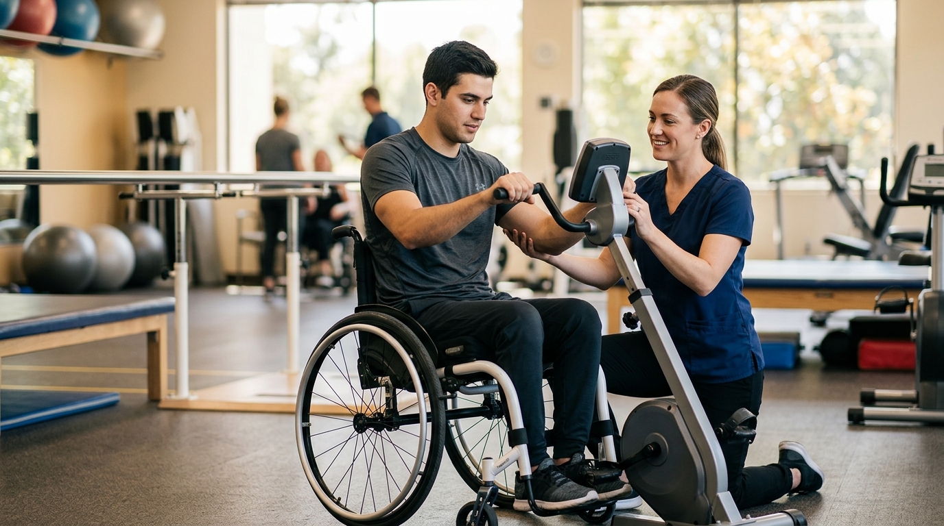 Young adult in a wheelchair working with a physical therapist in a spinal-cord-injury rehabilitation gym.