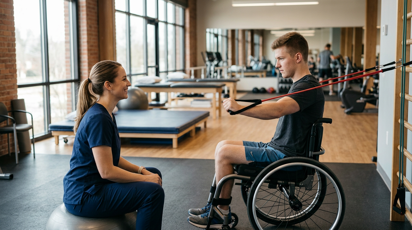 Young adult in a wheelchair working with a physical therapist in a spinal-cord-injury rehabilitation gym.