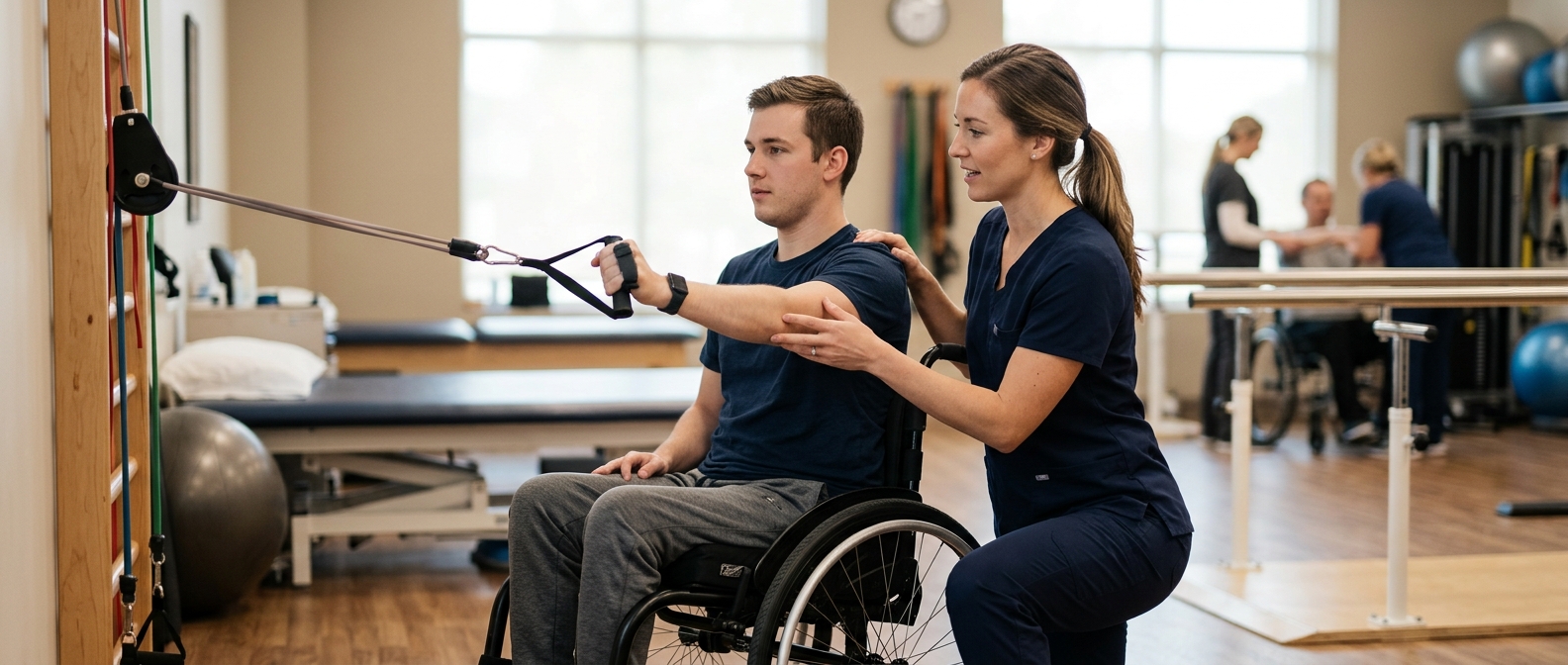 Young adult in a wheelchair working with a physical therapist in a spinal cord injury rehabilitation gym.