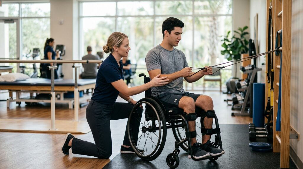 Adulto joven en silla de ruedas en gimnasio de rehabilitación de lesión medular con fisioterapeuta