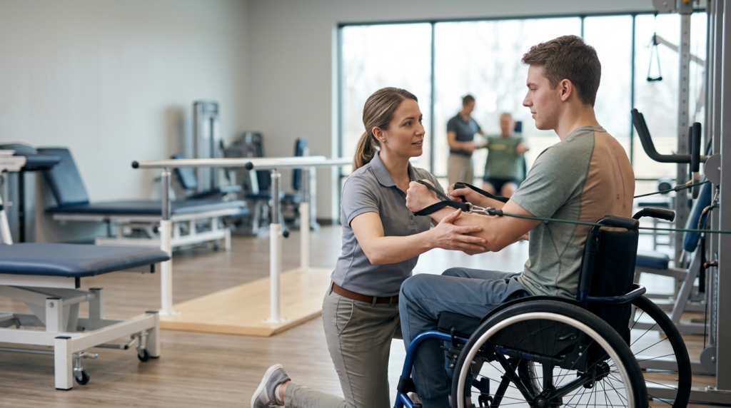 Young adult in a wheelchair working with a physical therapist in a spinal-cord-injury rehab gym.