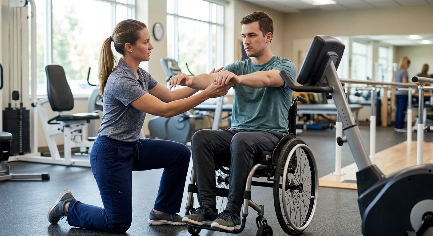Young adult in a wheelchair working with a physical therapist in a spinal-cord-injury rehabilitation gym.