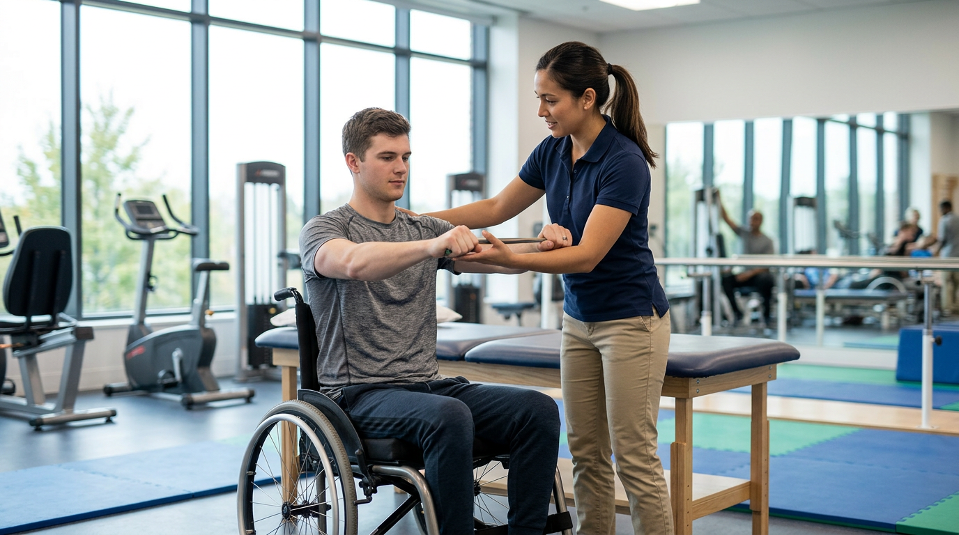 Young adult in a wheelchair working with a physical therapist in a spinal-cord-injury rehabilitation gym.