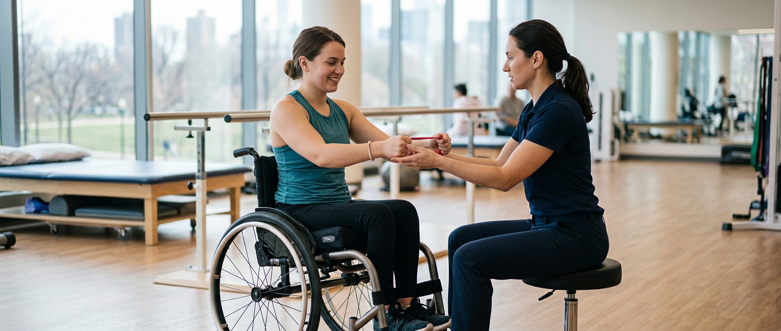 Young adult in a wheelchair working with a physical therapist in a spinal injury rehabilitation gym.