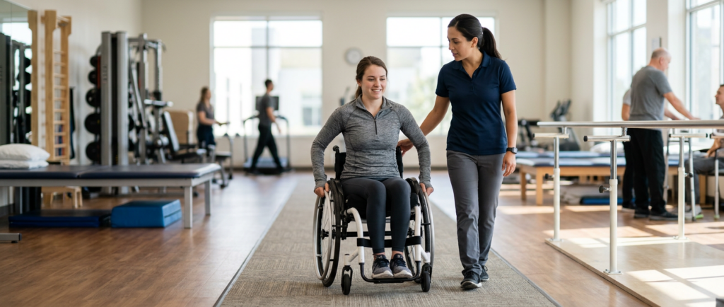 a young adult in a wheelchair in a spinal-cord-injury rehabilitation gym with a physical therapist
