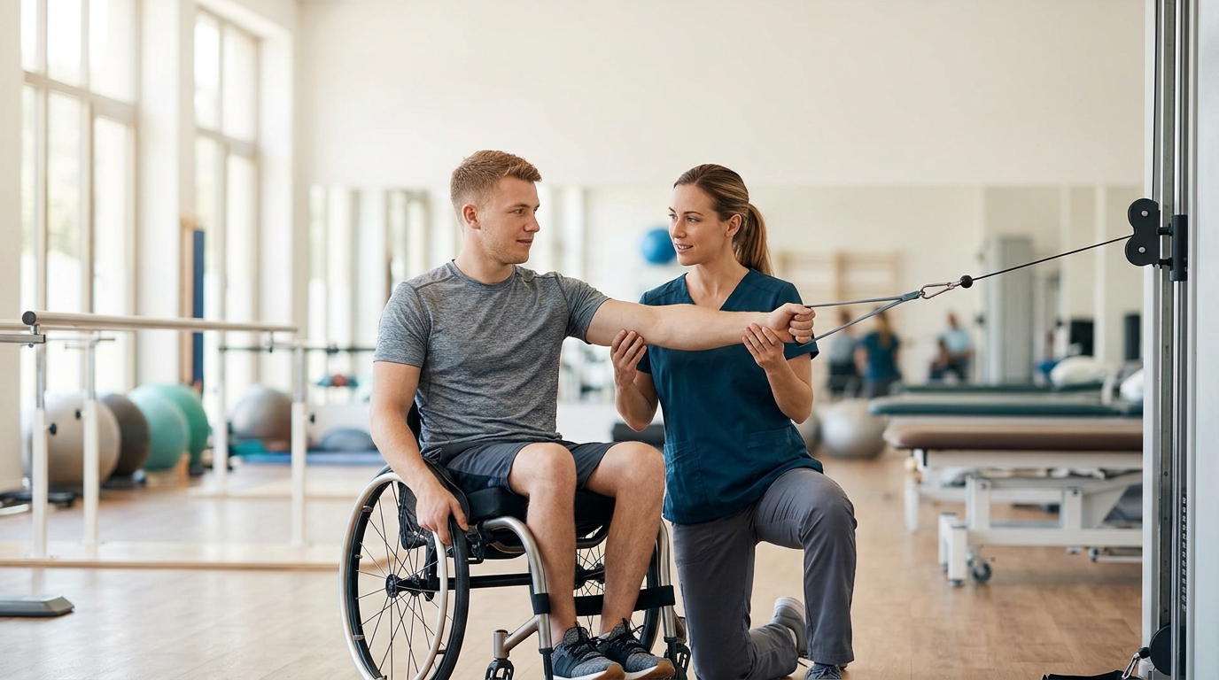 Young adult in a wheelchair working with a physical therapist in a spinal-cord-injury rehabilitation gym.