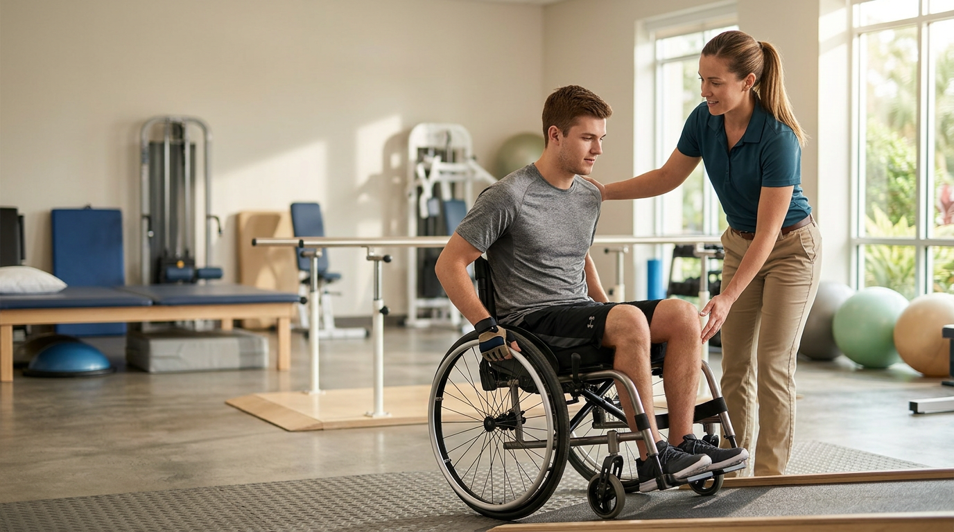 Young adult in a wheelchair working with a physical therapist in a spinal-cord-injury rehabilitation gym.