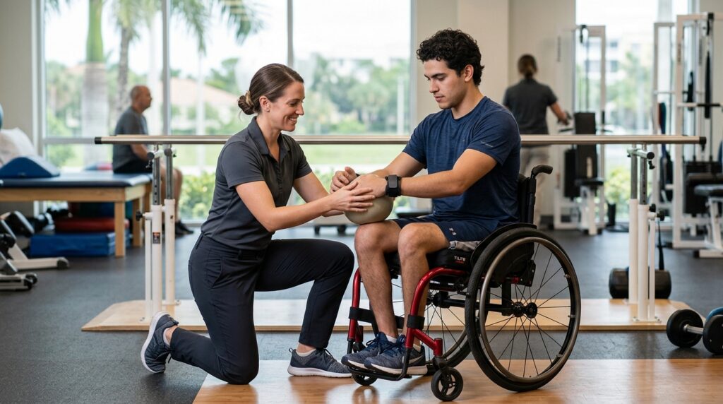 Un adulto joven en silla de ruedas en un gimnasio de rehabilitación de lesión medular con un fisioterapeuta