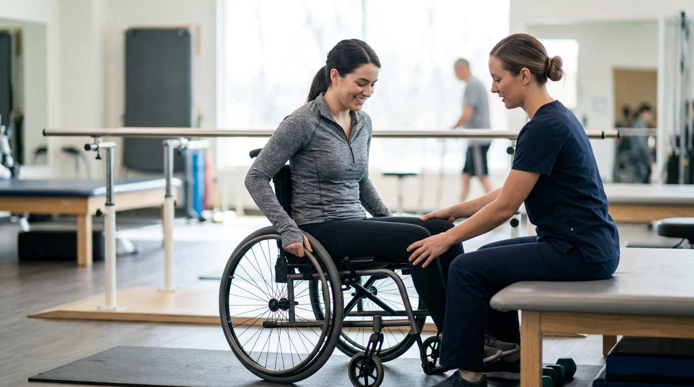 Young adult in a wheelchair working with a physical therapist in a spinal-cord-injury rehabilitation gym.