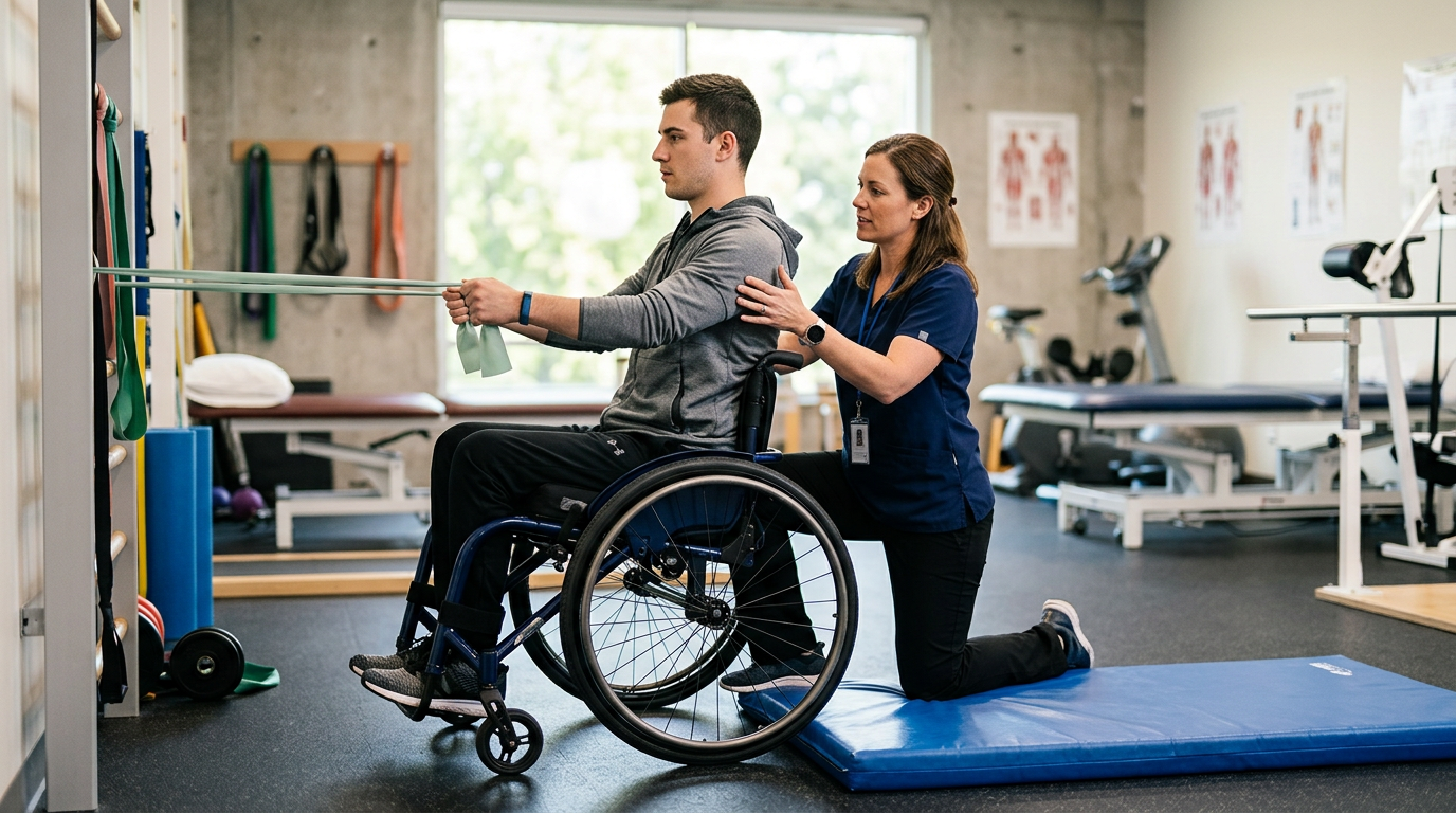 Young adult in a wheelchair working with a physical therapist in a spinal-cord-injury rehabilitation gym.