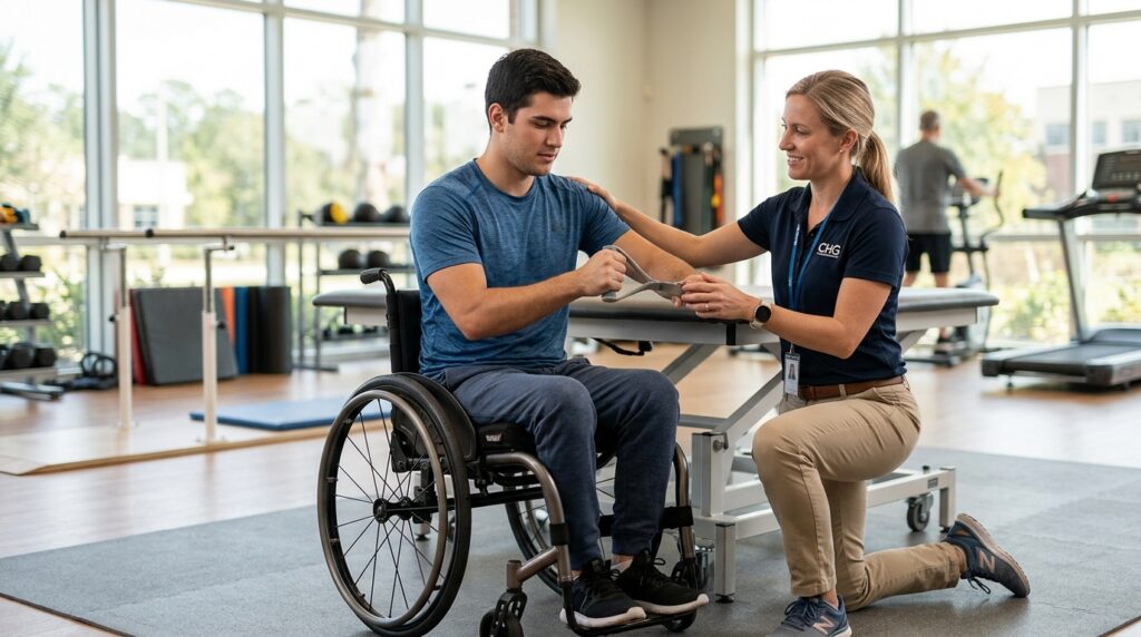 Young adult in a wheelchair working with a physical therapist in a spinal-cord-injury rehabilitation gym.