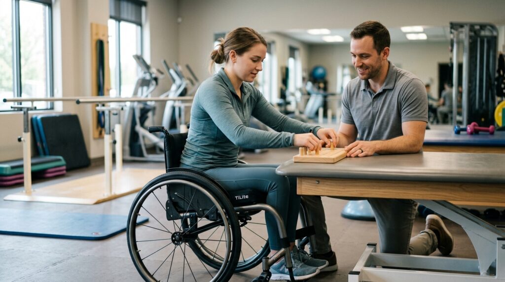 Young adult in a wheelchair working with a physical therapist in a spinal-cord-injury rehabilitation gym.