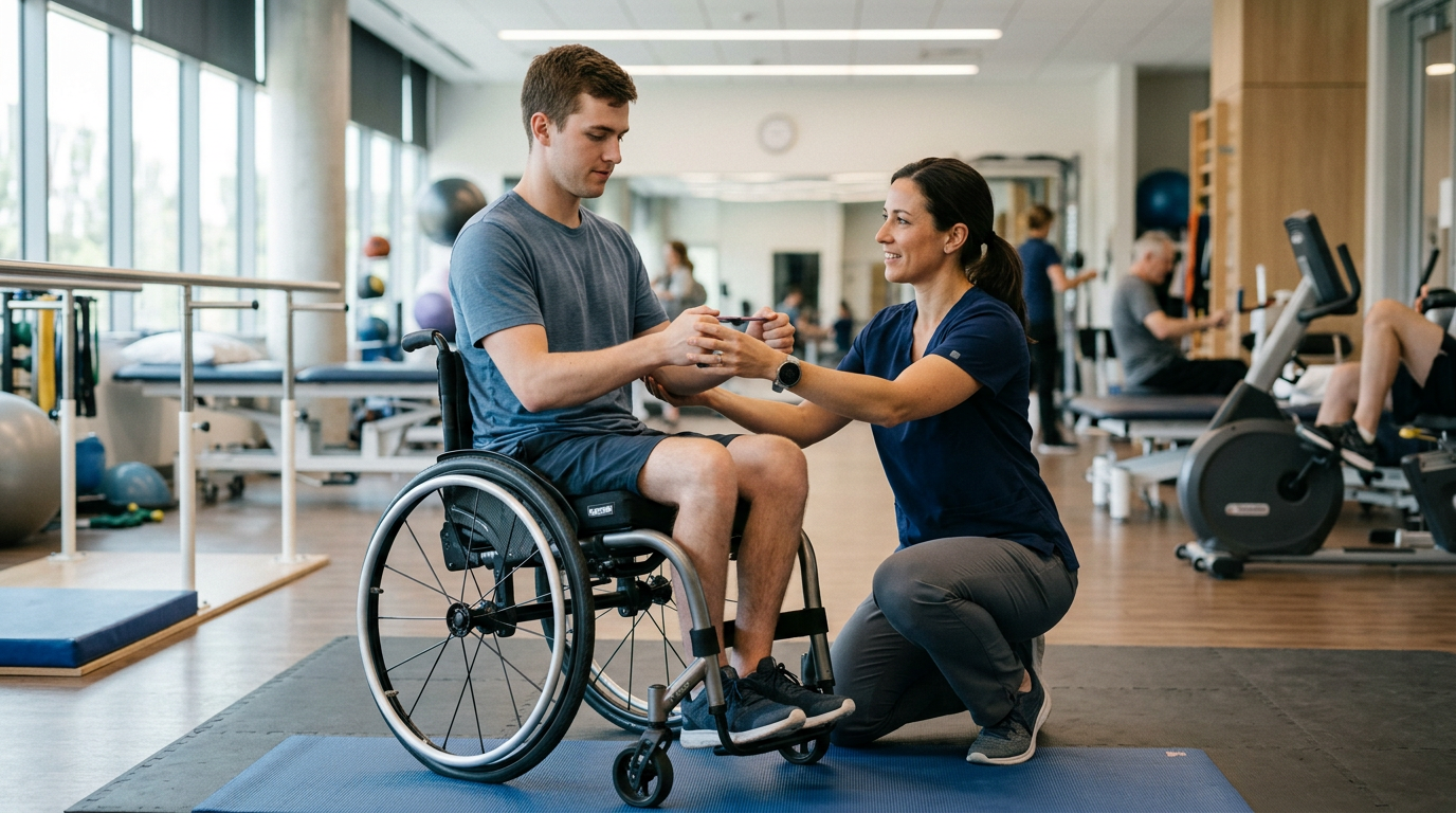 Young adult in a wheelchair working with a physical therapist in a spinal cord injury rehabilitation gym.