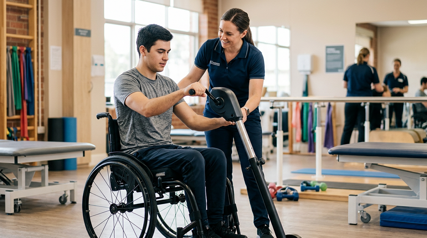 Young adult in a wheelchair working with a physical therapist in a spinal-cord-injury rehabilitation gym.