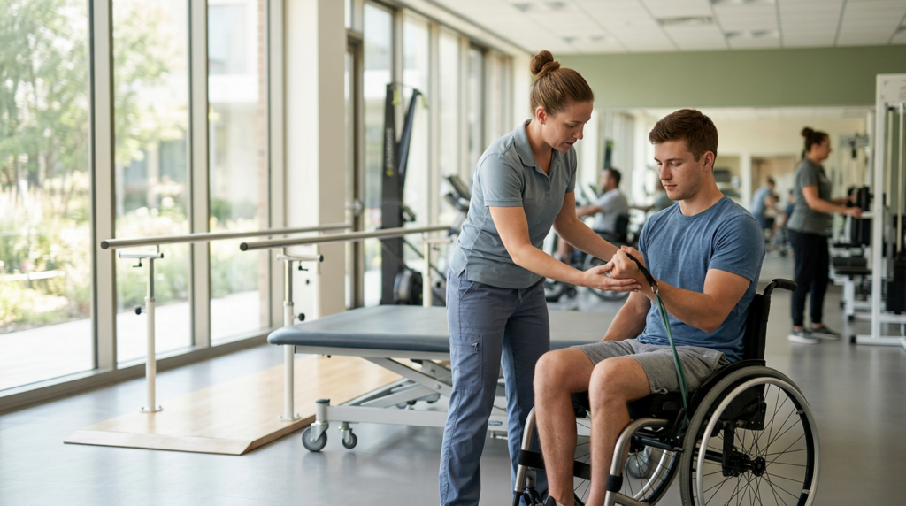 a young adult in a wheelchair in a spinal-cord-injury rehabilitation gym with a physical therapist