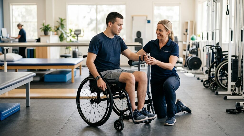 Young adult in a wheelchair working with a physical therapist in a rehabilitation gym.