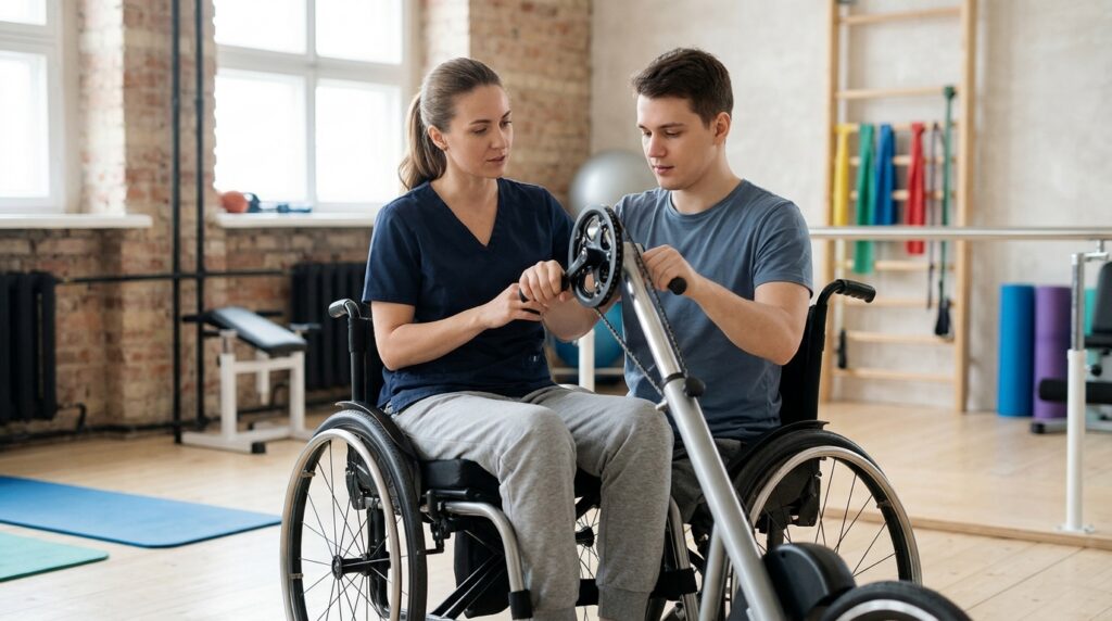 Young adult in a wheelchair working with a physical therapist in a rehabilitation gym.