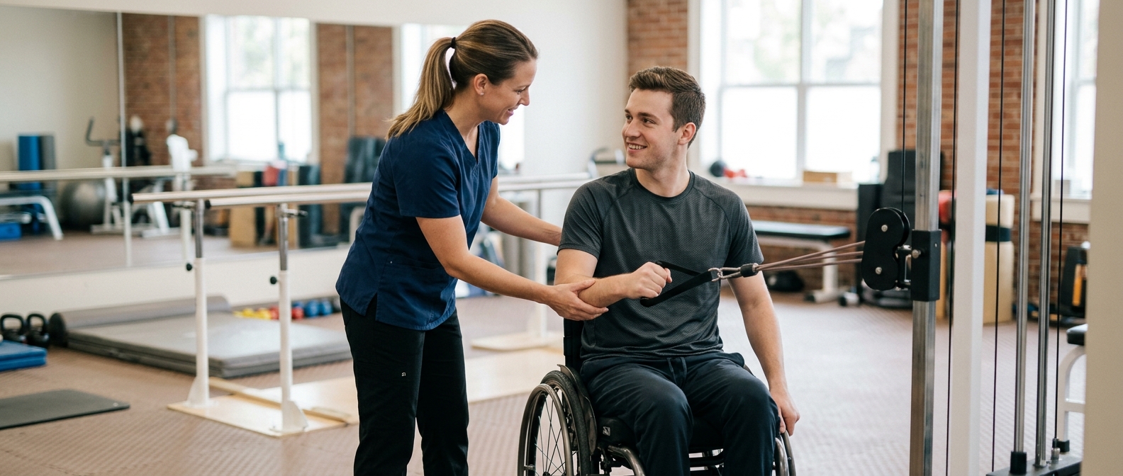 Young adult in a wheelchair working with a physical therapist in a spinal-cord-injury rehabilitation gym.
