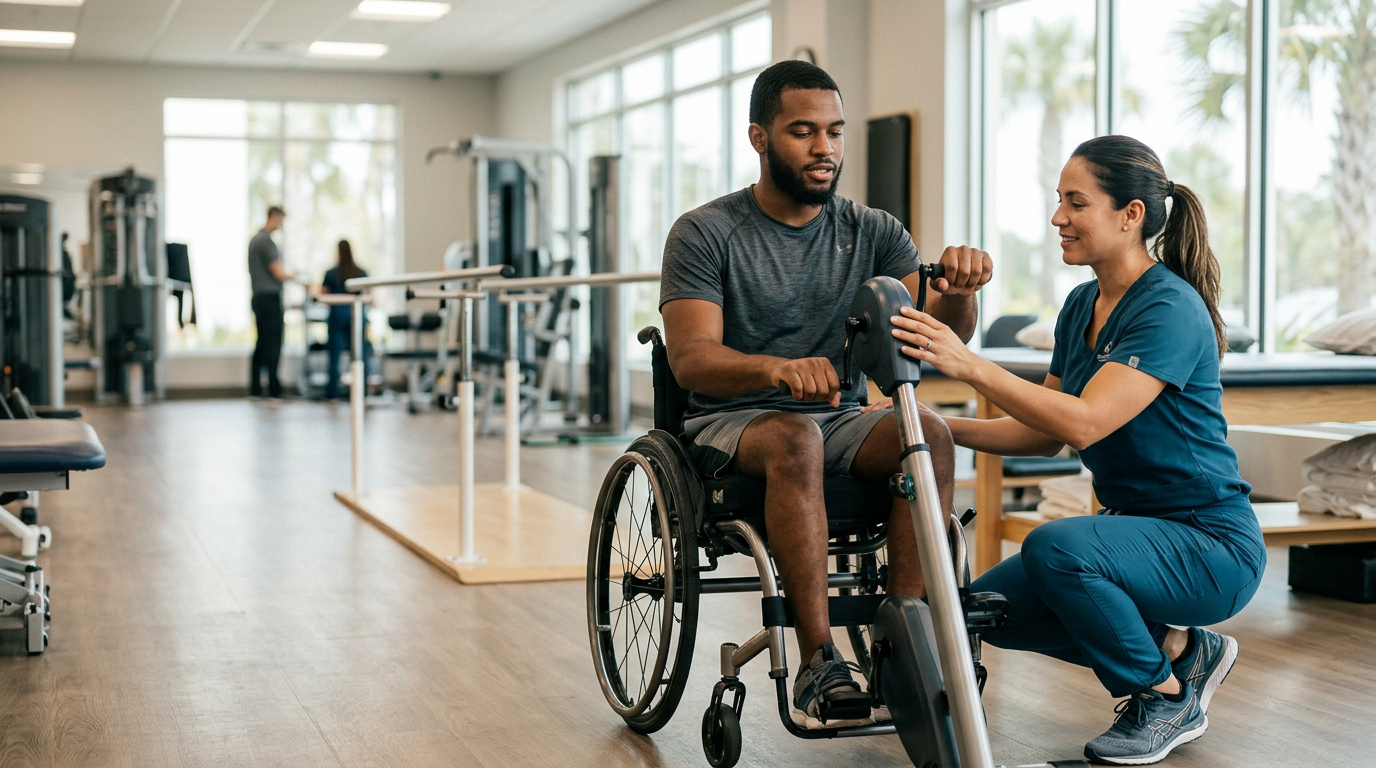 Young adult in a wheelchair working with a physical therapist in a spinal cord injury rehabilitation gym.