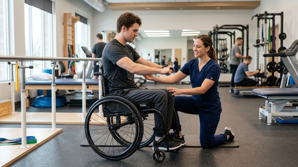 Young adult in a wheelchair working with a physical therapist in a spinal-cord-injury rehabilitation gym.