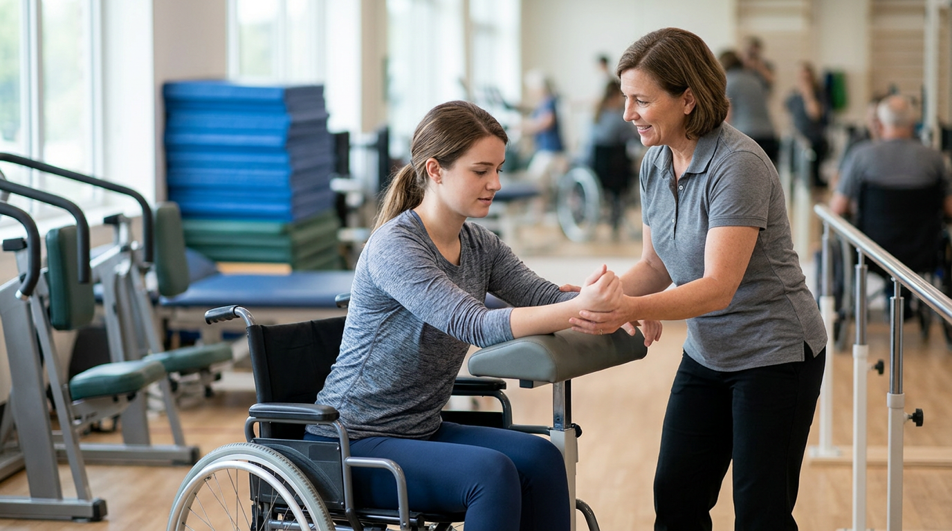 Young adult in a wheelchair working with a physical therapist in a spinal cord injury rehabilitation gym.