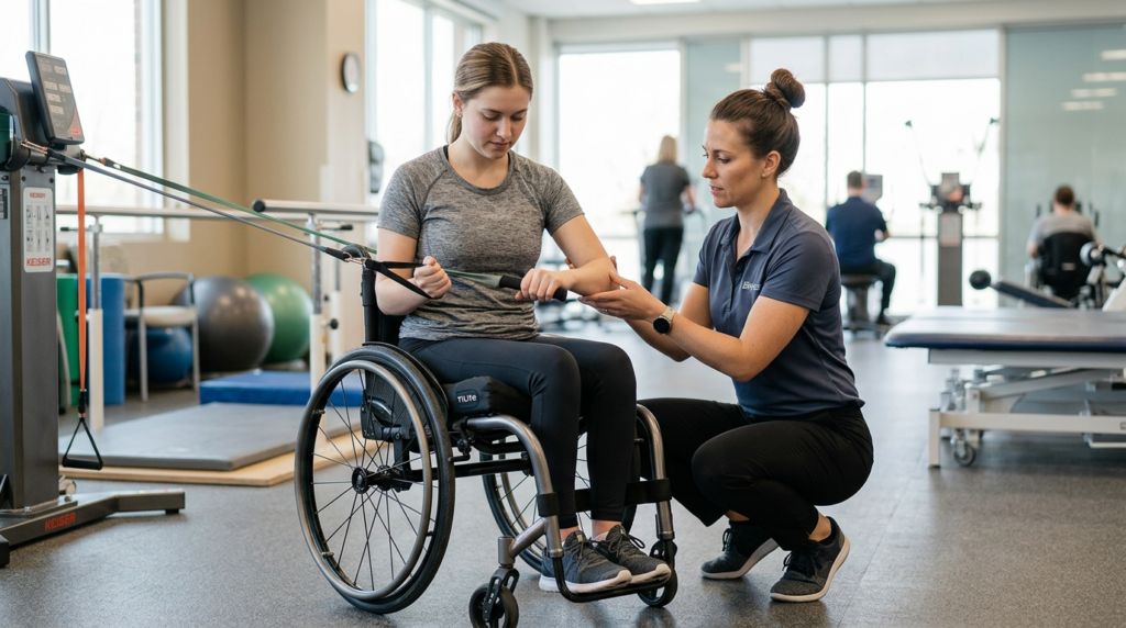a young adult in a wheelchair in a spinal-cord-injury rehabilitation gym with a physical therapist